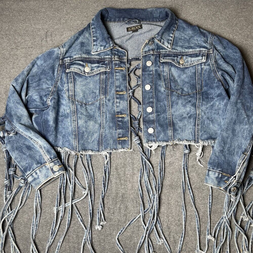 KROIX Distressed Open Dangles Back Jeans Jacket Women’s Size Medium-Medium Wash